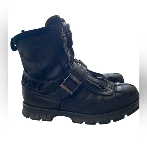 Polo Sport Black Motorcylce Double Zipper Black Leather Mens Boots Size 9D