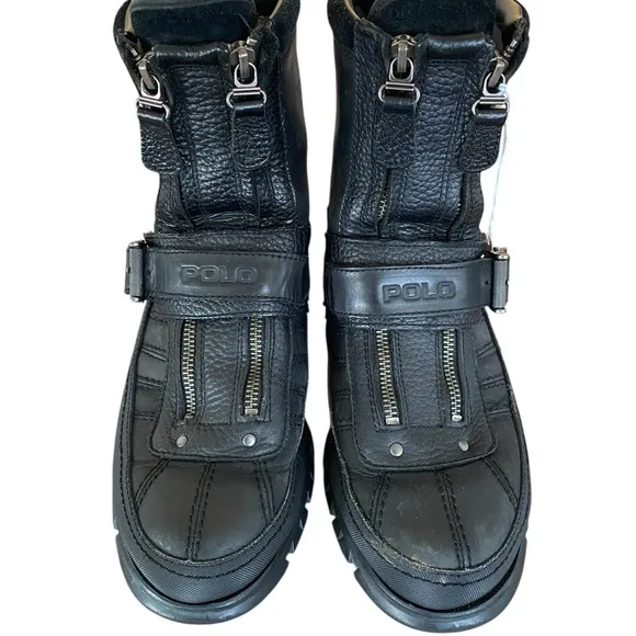 Polo Sport Black Motorcylce Double Zipper Black Leather Mens Boots Size 9D