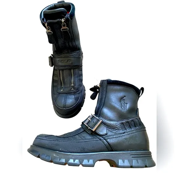 Polo Sport Black Motorcylce Double Zipper Black Leather Mens Boots Size 9D