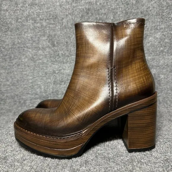 Pons Quintana Boots Brown Leather Side Zip Heeled Booties 38 US 8 NEW