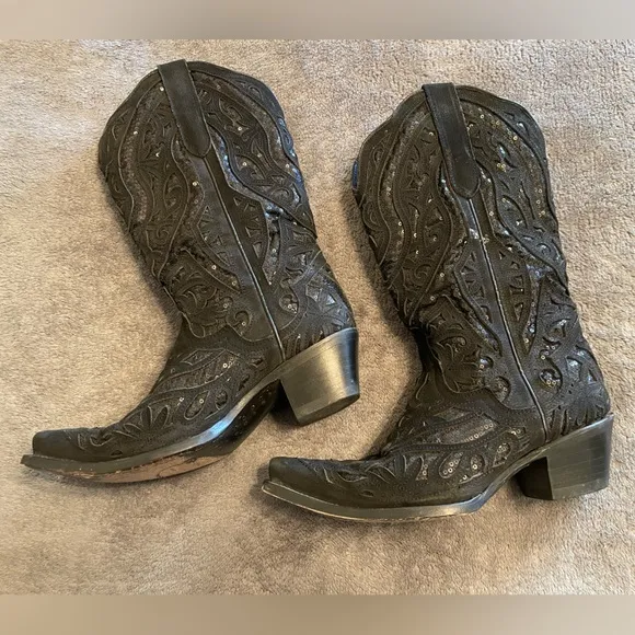 Poppy J. B. Dillon Womens Leather Sequin Southwestern Western Boots
