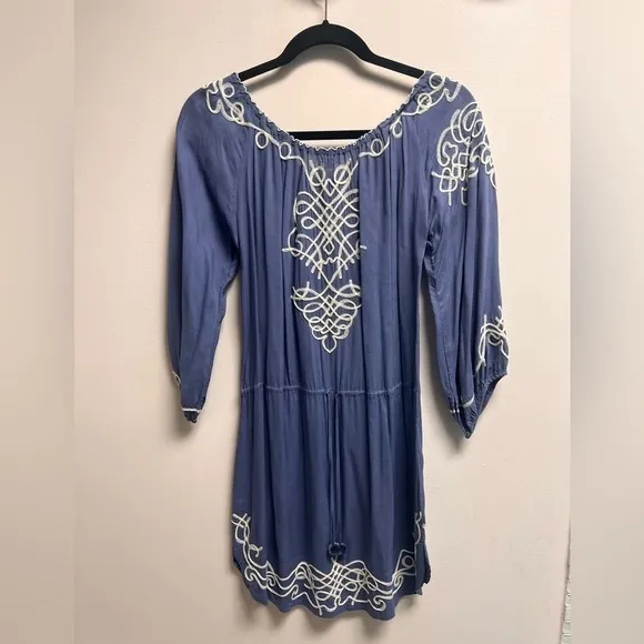 POUPETTE ST BARTH Women’s Blue   white Embroidered Off Shoulder Mini Dress Small