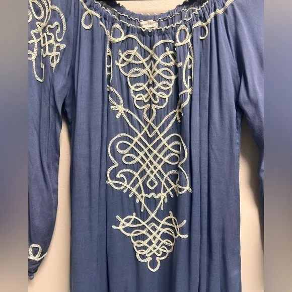 POUPETTE ST BARTH Women’s Blue   white Embroidered Off Shoulder Mini Dress Small