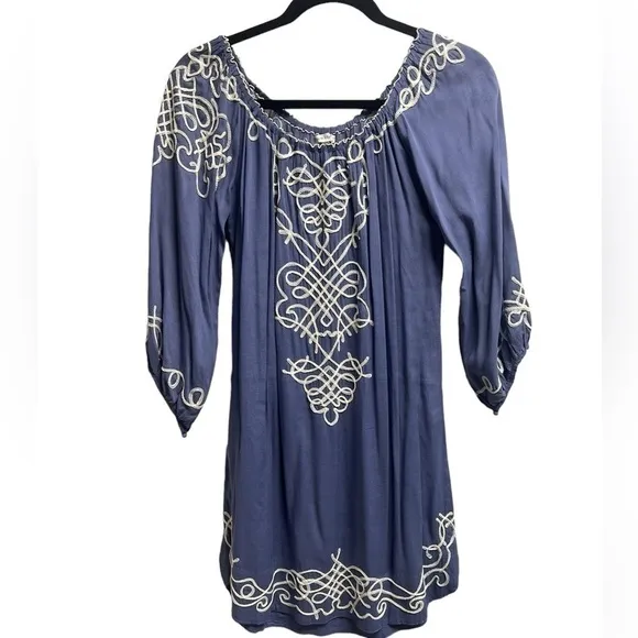 POUPETTE ST BARTH Women’s Blue   white Embroidered Off Shoulder Mini Dress Small