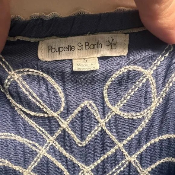 POUPETTE ST BARTH Women’s Blue   white Embroidered Off Shoulder Mini Dress Small