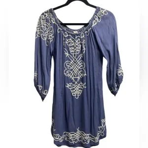POUPETTE ST BARTH Women’s Blue   white Embroidered Off Shoulder Mini Dress Small