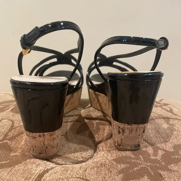 Prada Black Patent Leather Slingback Wedges Size 36.5