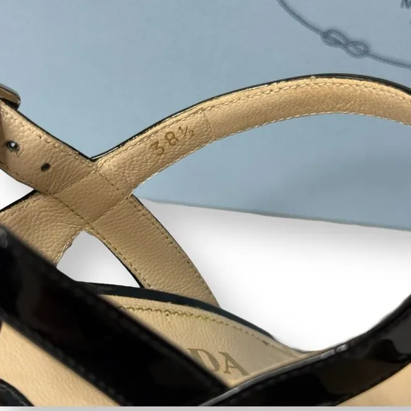 PRADA Black Patent Leather Wedge Slingback Sandals Size 38.5 Box &amp; Dustbag