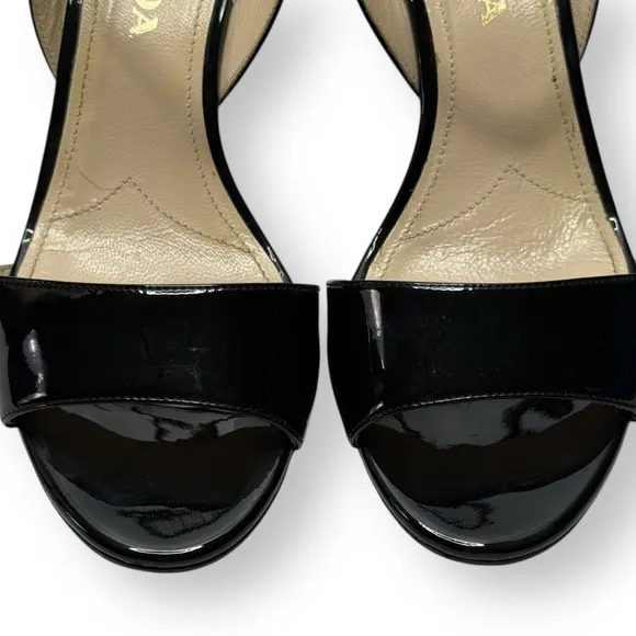 PRADA Black Patent Leather Wedge Slingback Sandals Size 38.5 Box &amp; Dustbag