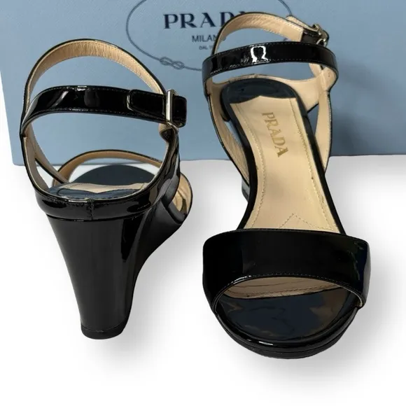 PRADA Black Patent Leather Wedge Slingback Sandals Size 38.5 Box &amp; Dustbag