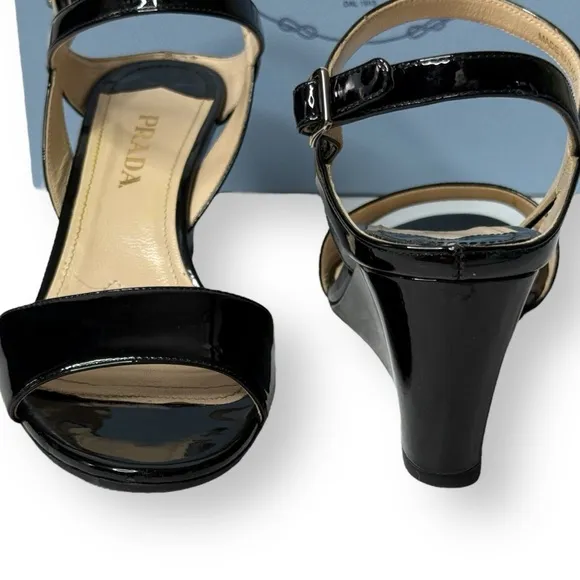 PRADA Black Patent Leather Wedge Slingback Sandals Size 38.5 Box &amp; Dustbag