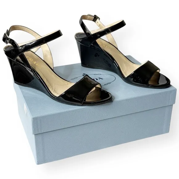 PRADA Black Patent Leather Wedge Slingback Sandals Size 38.5 Box &amp; Dustbag
