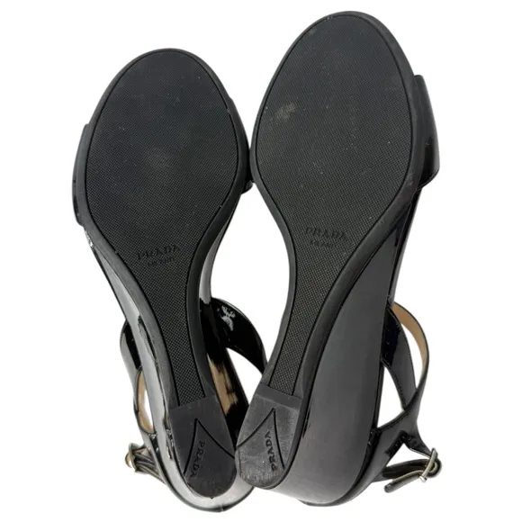 PRADA Black Patent Leather Wedge Slingback Sandals Size 38.5 Box &amp; Dustbag