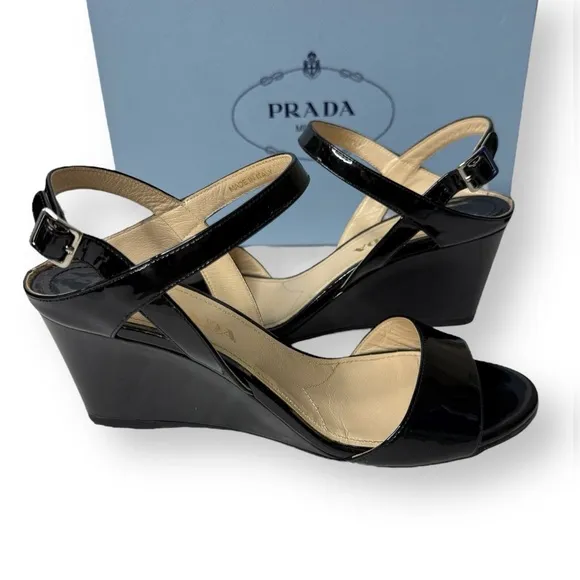 PRADA Black Patent Leather Wedge Slingback Sandals Size 38.5 Box &amp; Dustbag