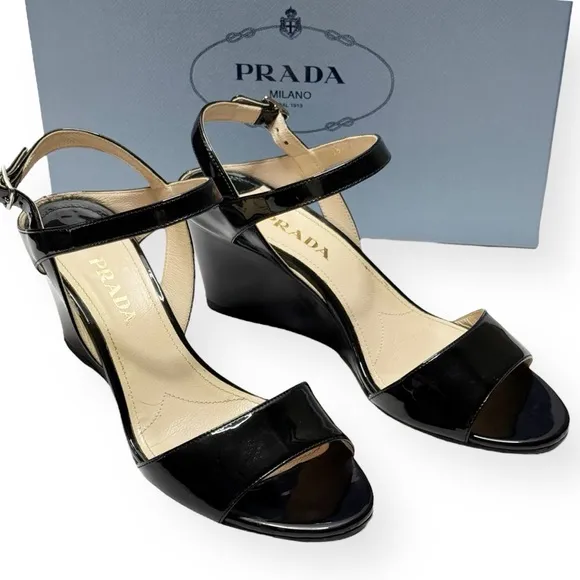PRADA Black Patent Leather Wedge Slingback Sandals Size 38.5 Box &amp; Dustbag