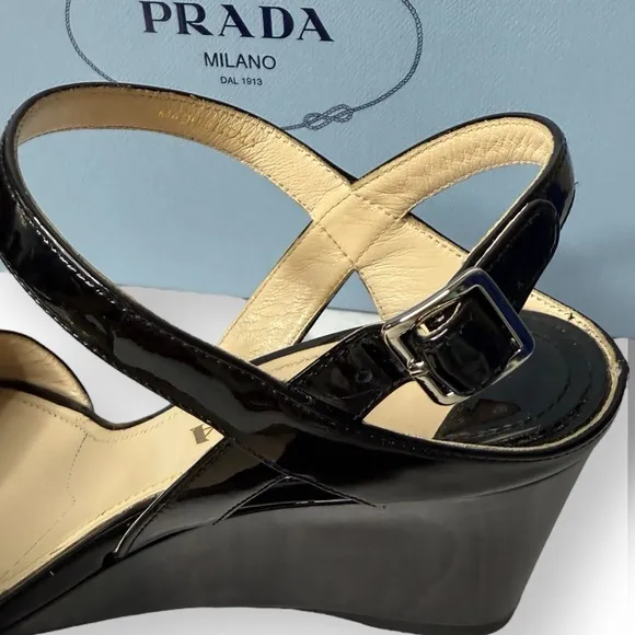 PRADA Black Patent Leather Wedge Slingback Sandals Size 38.5 Box &amp; Dustbag