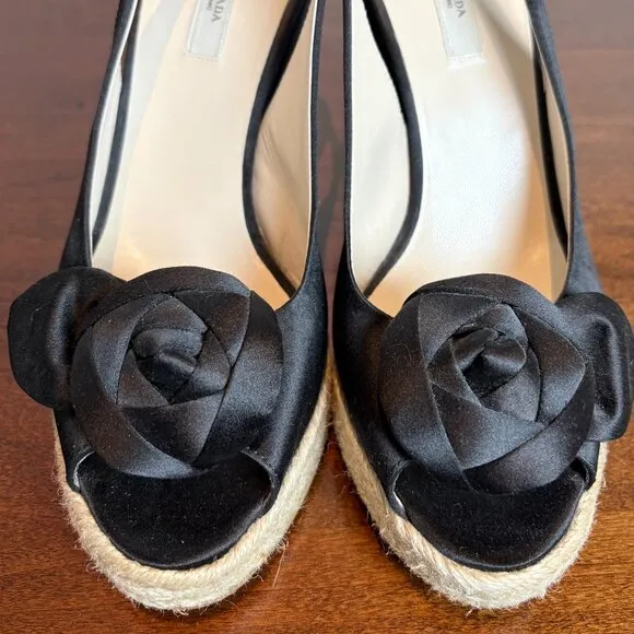 Prada Black Satin Espadrille Wedge Slingback Sandals