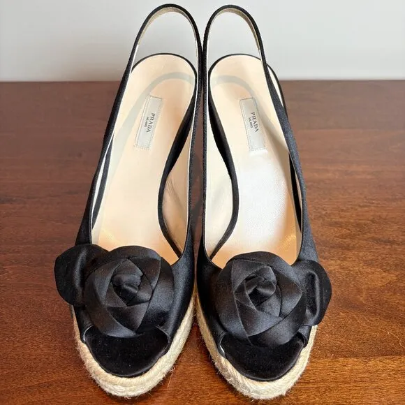 Prada Black Satin Espadrille Wedge Slingback Sandals