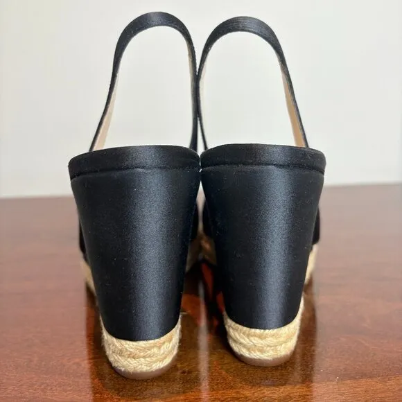 Prada Black Satin Espadrille Wedge Slingback Sandals