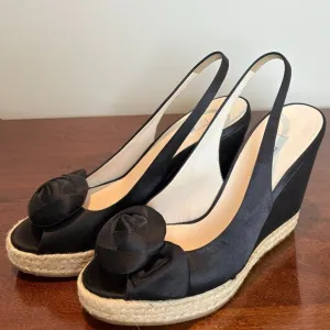 Prada Black Satin Espadrille Wedge Slingback Sandals