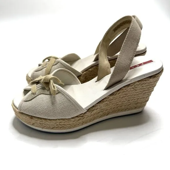 Prada Shoes Womens US 5 White Tan Raffia Espadrille Wedges Tie Slingback Beach