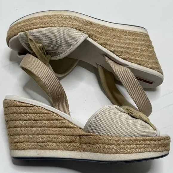 Prada Shoes Womens US 5 White Tan Raffia Espadrille Wedges Tie Slingback Beach