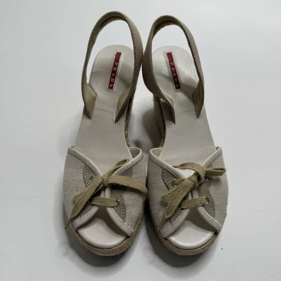 Prada Shoes Womens US 5 White Tan Raffia Espadrille Wedges Tie Slingback Beach