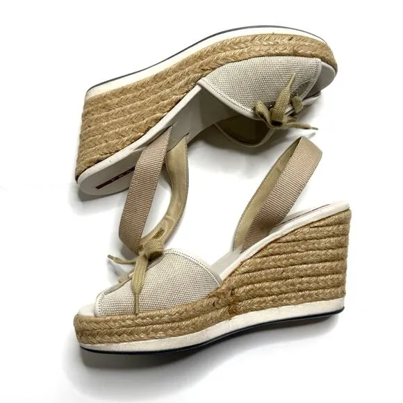 Prada Shoes Womens US 5 White Tan Raffia Espadrille Wedges Tie Slingback Beach