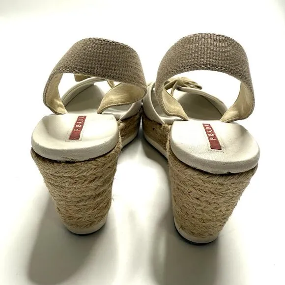 Prada Shoes Womens US 5 White Tan Raffia Espadrille Wedges Tie Slingback Beach