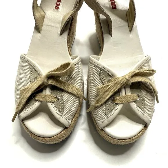 Prada Shoes Womens US 5 White Tan Raffia Espadrille Wedges Tie Slingback Beach