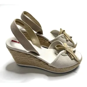 Prada Shoes Womens US 5 White Tan Raffia Espadrille Wedges Tie Slingback Beach
