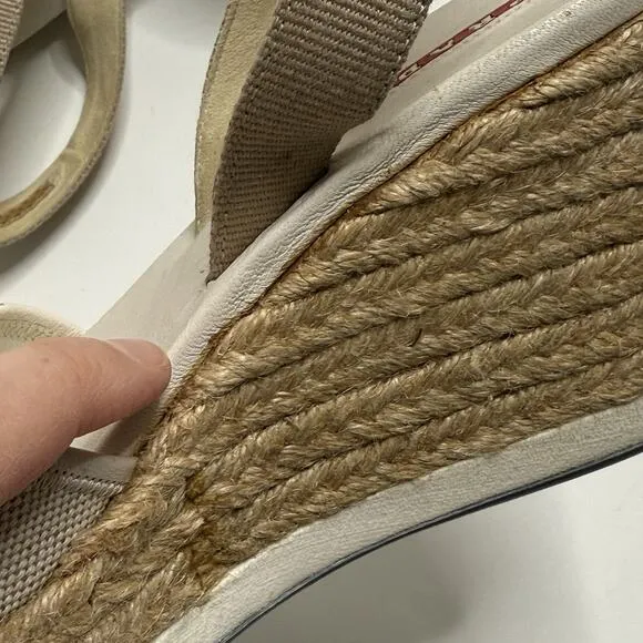 Prada Shoes Womens US 5 White Tan Raffia Espadrille Wedges Tie Slingback Beach