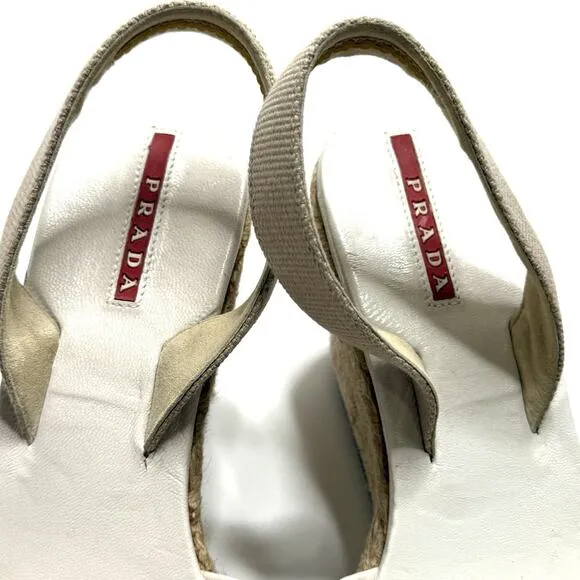 Prada Shoes Womens US 5 White Tan Raffia Espadrille Wedges Tie Slingback Beach