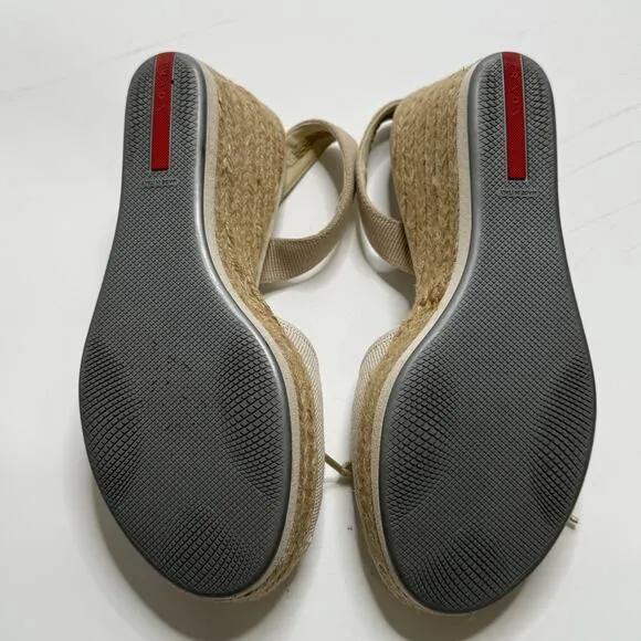 Prada Shoes Womens US 5 White Tan Raffia Espadrille Wedges Tie Slingback Beach