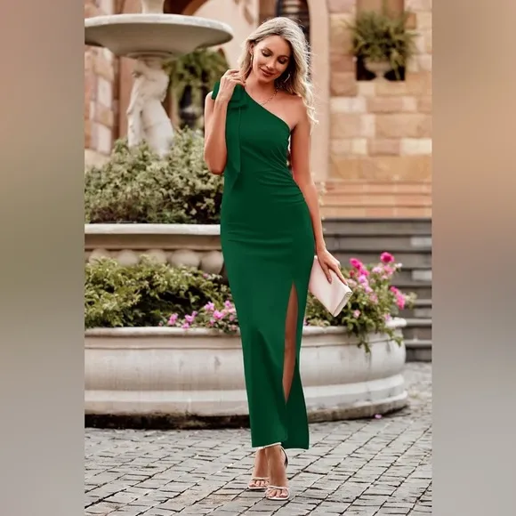Prettygardan One Shoulder Long Dress Sleeveless Ruched Bodycon Wedding Guest