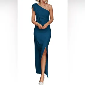 PRETTYGARDEN One Shoulder Long Formal Dresses Ruched Bodycon Slit Maxi Dress
