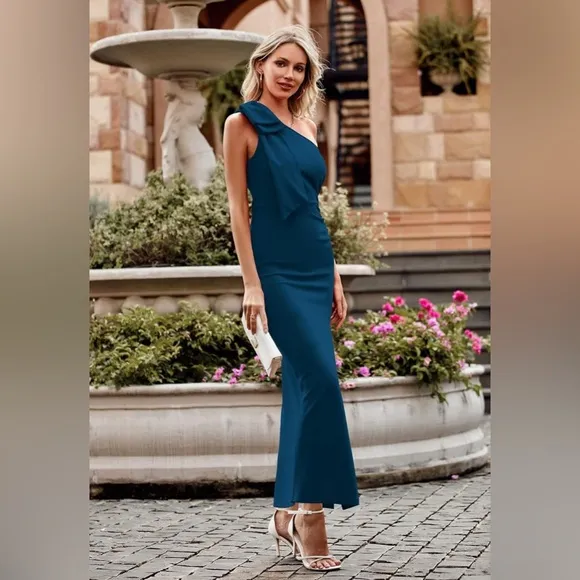PRETTYGARDEN One Shoulder Long Formal Dresses Ruched Bodycon Slit Maxi Dress