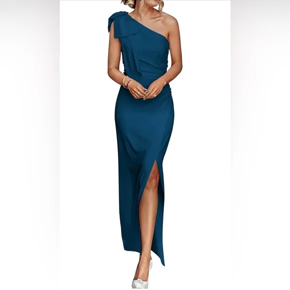 PRETTYGARDEN One Shoulder Long Formal Dresses Ruched Bodycon Slit Maxi Dress