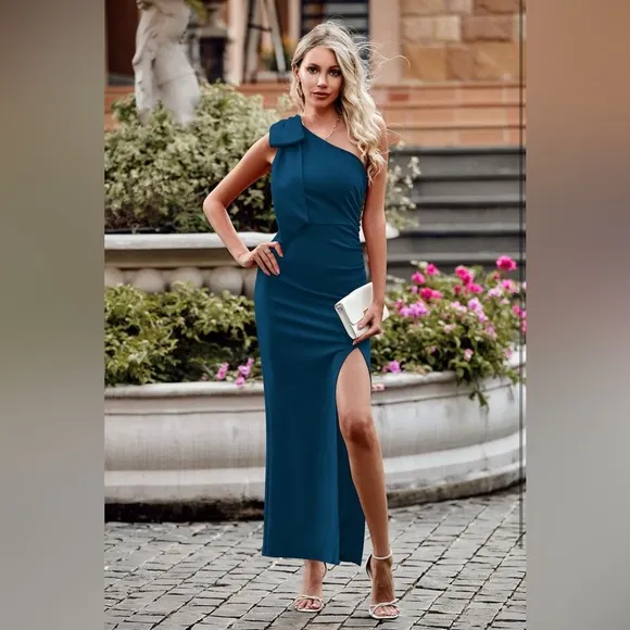 PRETTYGARDEN One Shoulder Long Formal Dresses Ruched Bodycon Slit Maxi Dress