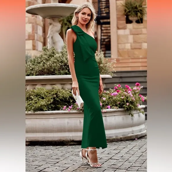 PRETTYGARDEN One Shoulder Long Formal Dresses Ruched Bodycon Slit Maxi Dresss