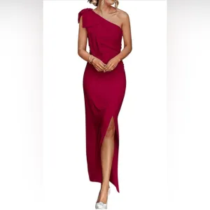 PRETTYGARDEN One Shoulder Long Formal Dresses Sleeveless Ruched Bodycon Wine Red