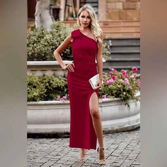 PRETTYGARDEN One Shoulder Long Formal Dresses Sleeveless Ruched Bodycon Wine Red