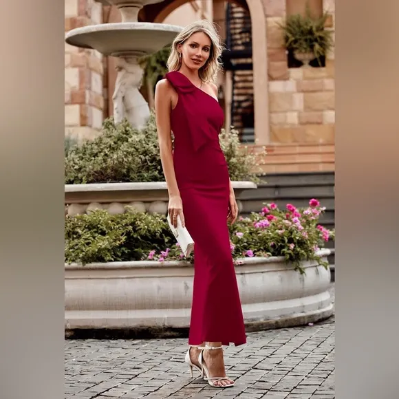 PRETTYGARDEN One Shoulder Long Formal Dresses Sleeveless Ruched Bodycon Wine Red