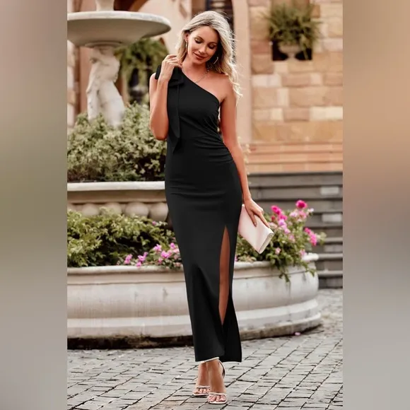 PRETTYGARDEN One Shoulder Long Formal Ruched Bodycon Wedding Guest Slit Dress