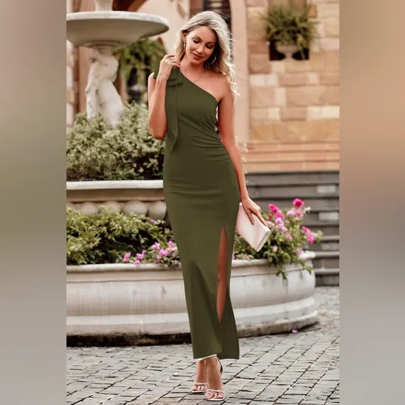 PRETTYGARDEN One Shoulder Long Ruched Bodycon Wedding Guest Slit Maxi Dress