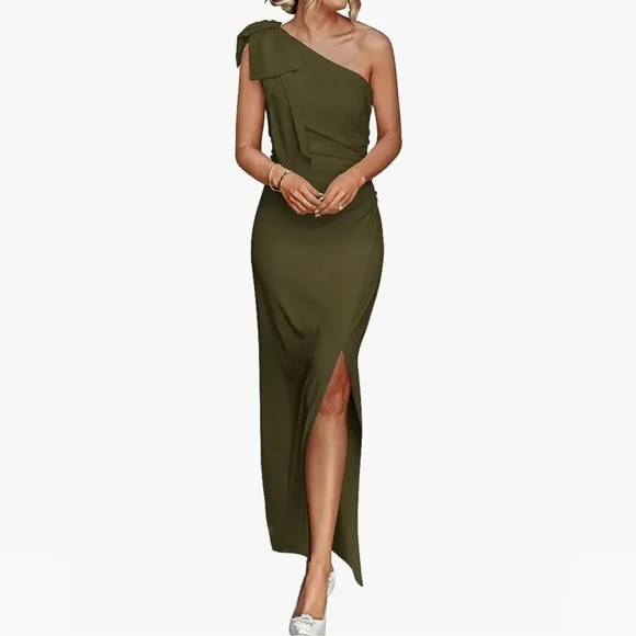 PRETTYGARDEN One Shoulder Long Ruched Bodycon Wedding Guest Slit Maxi Dress