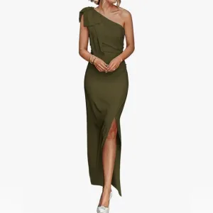 PRETTYGARDEN One Shoulder Long Ruched Bodycon Wedding Guest Slit Maxi Dress
