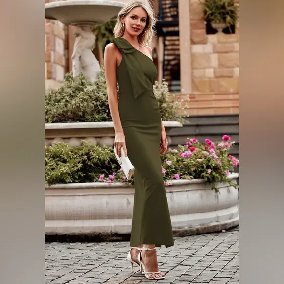 PRETTYGARDEN One Shoulder Long Ruched Bodycon Wedding Guest Slit Maxi Dress
