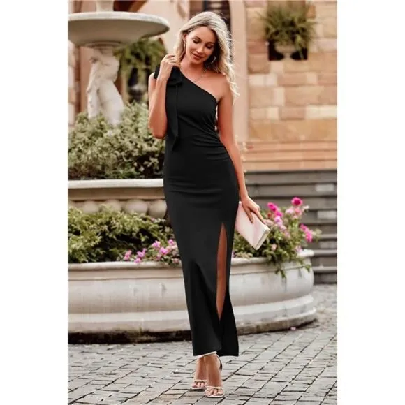 PRETTYGARDEN Women's Summer One Shoulder Long Formal Dresses Sleeveless Ruched