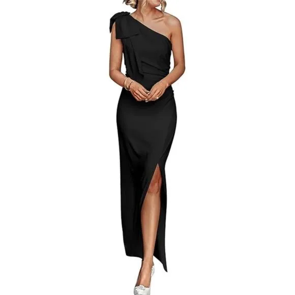 PRETTYGARDEN Women's Summer One Shoulder Long Formal Dresses Sleeveless Ruched